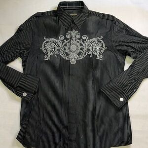 Untouchable Men's Black Pinstripe Button-Up Shirt Vtg. Y2K Grunge Affliction